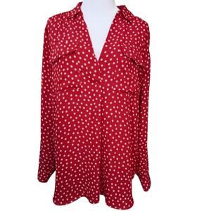 ANN‎ TAYLOR Classic Dressy Career Blouse Top Large Pockets Red Beige Polka Dots
